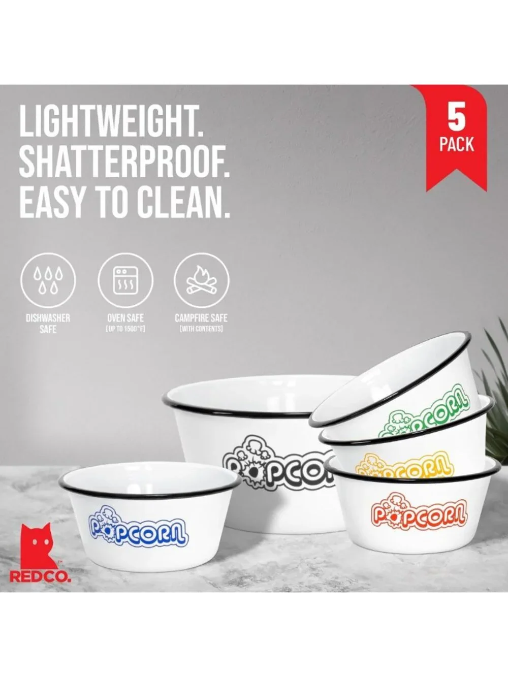 Set of 5 White Enamel Popcorn Bowls - Classic 4 Quart & 1.2 Quart, Assorted